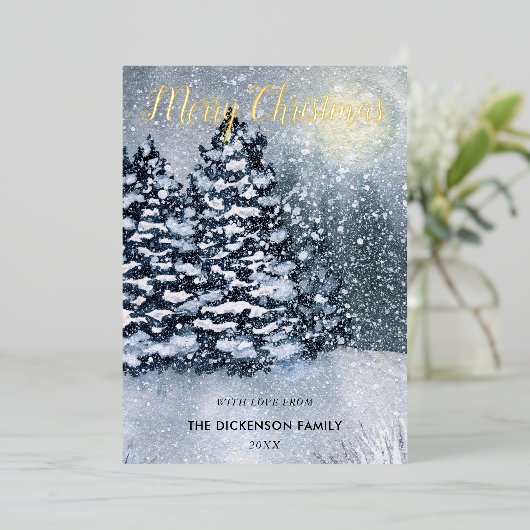 冬の森林雪の松の木を覆った 箔シーズンカード (立ち正面)