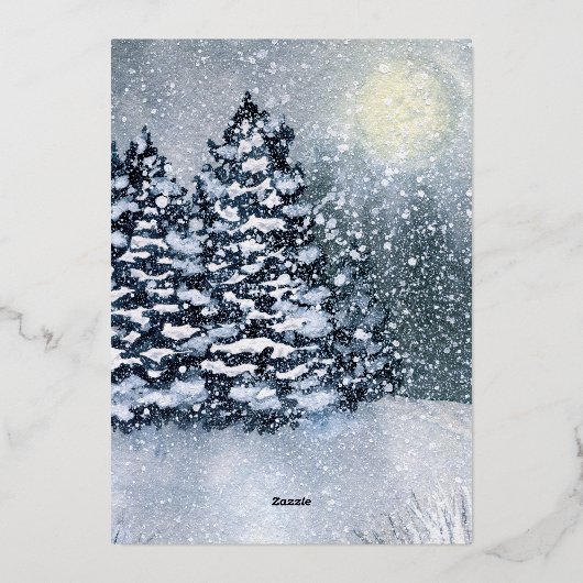 冬の森林雪の松の木を覆った 箔シーズンカード (裏面)