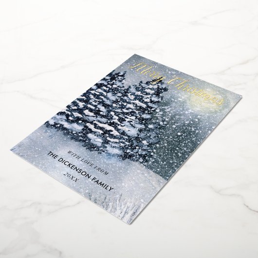 冬の森林雪の松の木を覆った 箔シーズンカード (回転した状態)