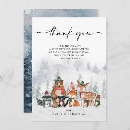 冬の森林霜の降りた動物の森の赤ちゃんシャワー サンキューカード (正面/裏面)