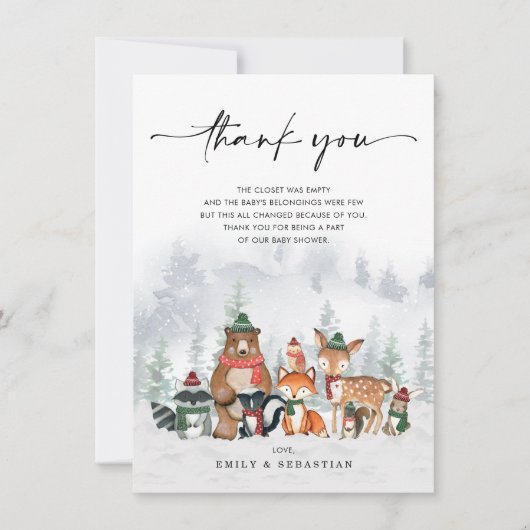 冬の森林霜の降りた動物の森の赤ちゃんシャワー サンキューカード (正面)