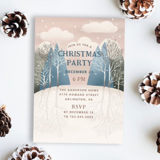 冬の森林風景。クリスマスホリデーパーティー 招待状