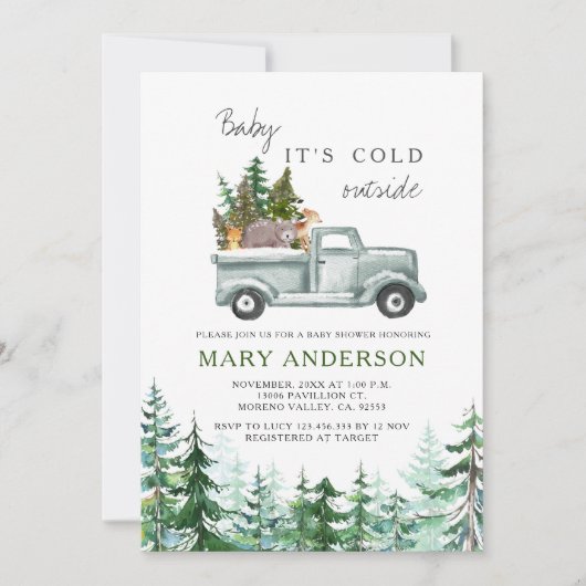 冬の森素朴の動物の赤ちゃんシャワー 招待状 (正面)