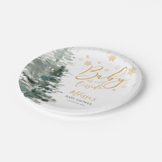 冬の森金ゴールドベビーシャワー外は寒い ペーパープレート (アングル)