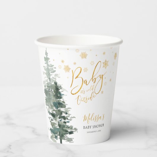 冬の森金ゴールドベビーシャワー外は寒い 紙コップ (裏面)