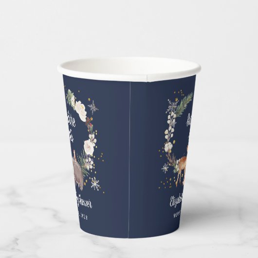 冬の森(き)林(りゅう)動物の赤ん坊シャワーブルー 紙コップ (右)