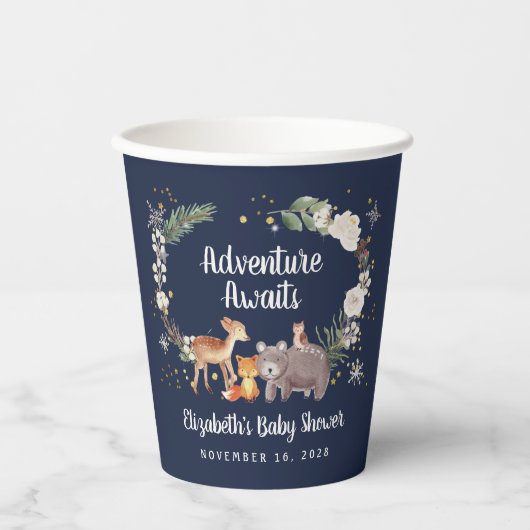 冬の森(き)林(りゅう)動物の赤ん坊シャワーブルー 紙コップ (正面)