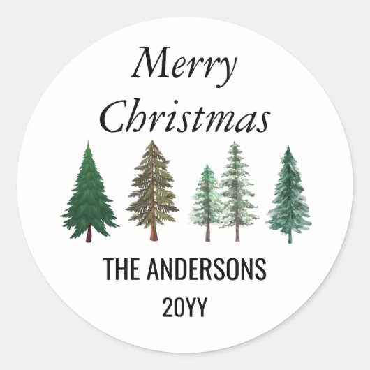 冬の森 エレガントな松の木 クリスマス ラウンドシール (正面)