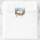 冬の森、ログキャビン、ロビン、ウサギ スクエアシール (バッグ)