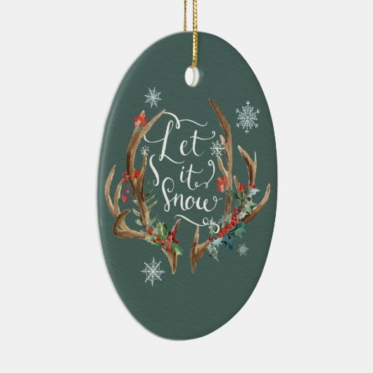 冬の森、ログキャビン、〔雄ジカの〕枝角セラミックオーナメント セラミックオーナメント (右)