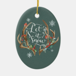 冬の森、ログキャビン、〔雄ジカの〕枝角セラミックオーナメント セラミックオーナメント