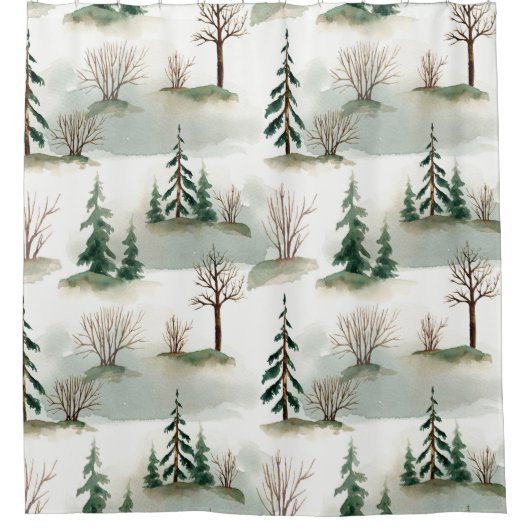 冬の森:手描き緑ぼやけ シャワーカーテン (正面)