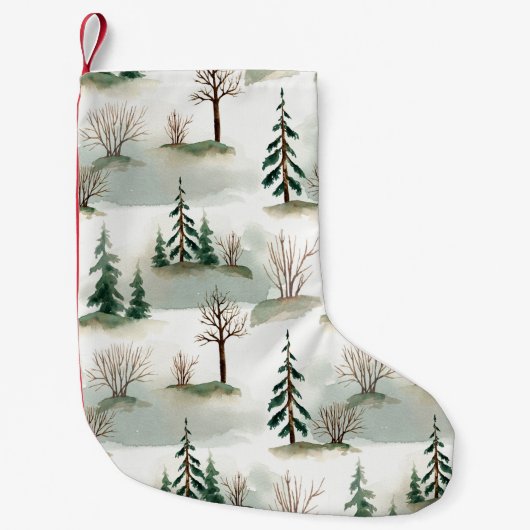 冬の森：手描き緑ぼやけ スモールクリスマスストッキング (正面)