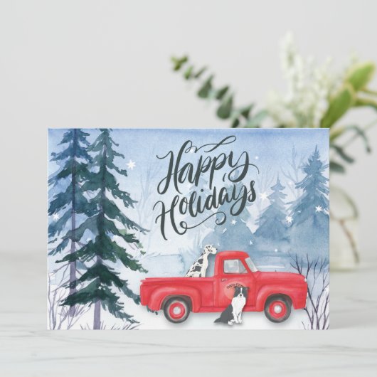 冬の森 赤いトラック 犬 ビジネス シーズンカード (スタンド正面)