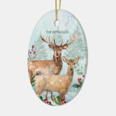冬の森、鹿、ログキャビンセラミックオーナメント セラミックオーナメント (左)