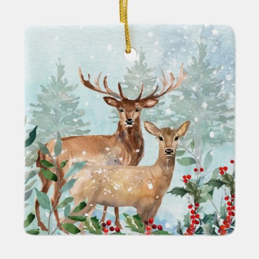 冬の森、鹿、ログキャビンセラミックオーナメント セラミックオーナメント (正面)