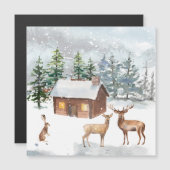 冬の森、鹿、ログキャビン、ハレ磁気カード (正面/裏面)