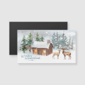 冬の森、鹿、丸太小屋の磁気カード (正面/裏面)