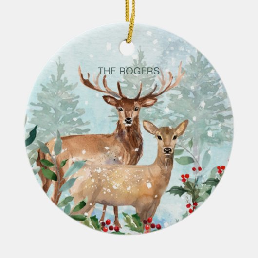 冬の森、鹿、我々の新しい家庭用セラミックオーナメント セラミックオーナメント (正面)