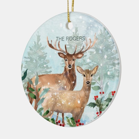 冬の森、鹿、我々の新しい家庭用セラミックオーナメント セラミックオーナメント (左)