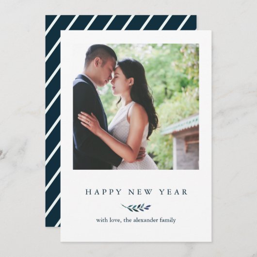 冬の植物とストライプおめでとうの写真 シーズンカード (正面/裏面)