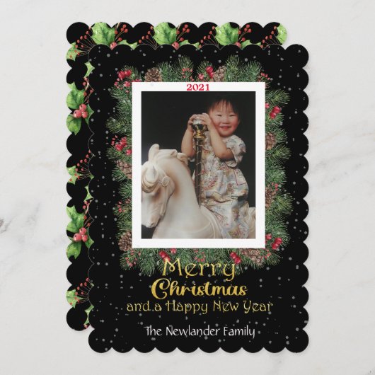 冬の植物と雪片の写真 シーズンカード (正面/裏面)