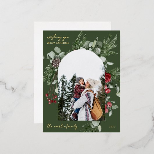 冬の植物のフレームフォトグリーン 箔シーズンポストカード (正面/裏面)