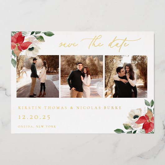 冬の植物のフローラ写真の日付を保存 箔招待状 (正面)