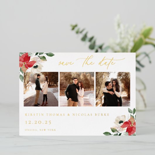 冬の植物のフローラ写真の日付を保存 箔招待状 (立ち正面)