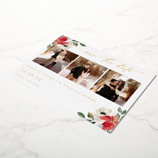 冬の植物のフローラ写真の日付を保存 箔招待状 (回転した状態)