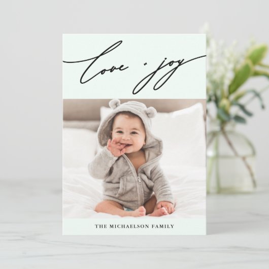 冬の植物の愛と喜びのスクリプト写真の休日 シーズンカード (スタンド正面)