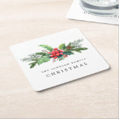 冬の植物の緑の水の色パーソナライズされた スクエアペーパーコースター (アングル)