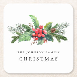 冬の植物の緑の水の色パーソナライズされた スクエアペーパーコースター