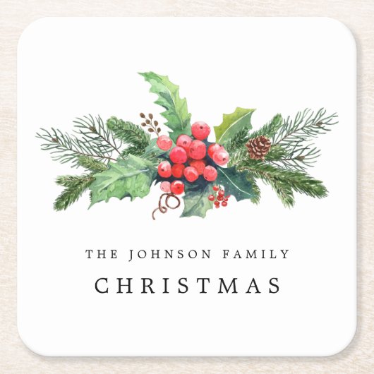 冬の植物の緑の水の色パーソナライズされた スクエアペーパーコースター (正面)