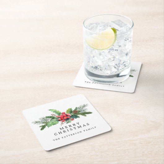 冬の植物の緑の水の色パーソナライズされた スクエアペーパーコースター (インサイチュ)