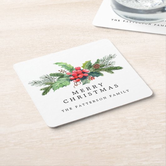 冬の植物の緑の水の色パーソナライズされた スクエアペーパーコースター (アングル)