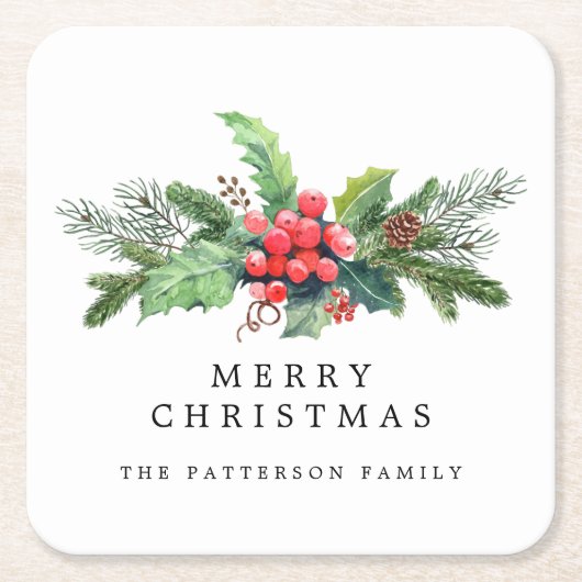 冬の植物の緑の水の色パーソナライズされた スクエアペーパーコースター (正面)