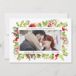 冬の植物の葉の赤い水彩写真 セーブザデート