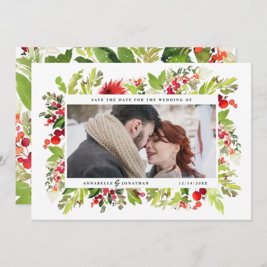 冬の植物の葉の赤い水彩写真 セーブザデート (正面/裏面)