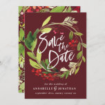 冬の植物の葉の赤い緑の救色 セーブザデート<br><div class="desc">冬の植物の葉の赤と緑の水色の結婚式は、日付カードを保存する。ブルゴーニュ・バックアデザイン。</div>