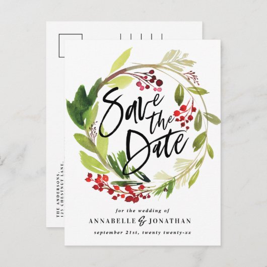 冬の植物の葉の赤い緑の救色 案内ポストカード (正面/裏面)