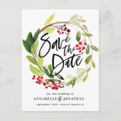 冬の植物の葉の赤い緑の救色 案内ポストカード (正面)