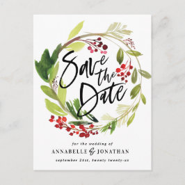 冬の植物の葉の赤い緑の救色 案内ポストカード