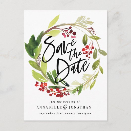 冬の植物の葉の赤い緑の救色 案内ポストカード (正面)