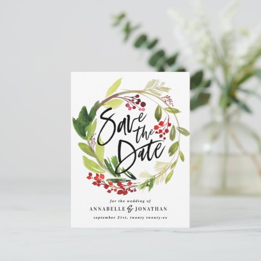 冬の植物の葉の赤い緑の救色 案内ポストカード (スタンド正面)