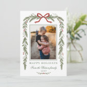 冬の植物の赤いリボンのクリスマス 4 枚の写真 シーズンカード (スタンド正面)