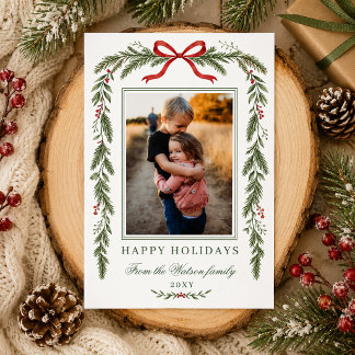 冬の植物の赤いリボンのクリスマス 4 枚の写真  シーズンカード