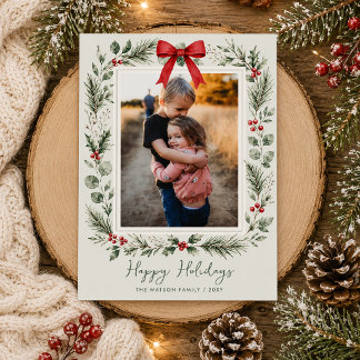 冬の植物の赤いリボンのクリスマス 4 枚の写真  シーズンカード