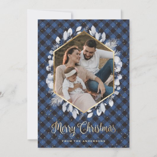 冬の植物の青い金ゴールド格子写真クリスマス シーズンカード (正面)