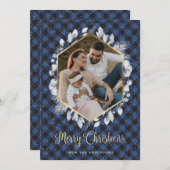 冬の植物の青い金ゴールド格子写真クリスマス シーズンカード (正面/裏面)